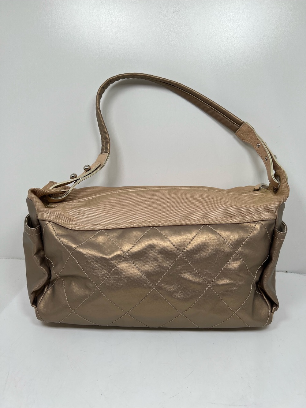 CHANEL Paris Biarritz Shoulder Bag Coated Canvas Beige Silver CC Auth